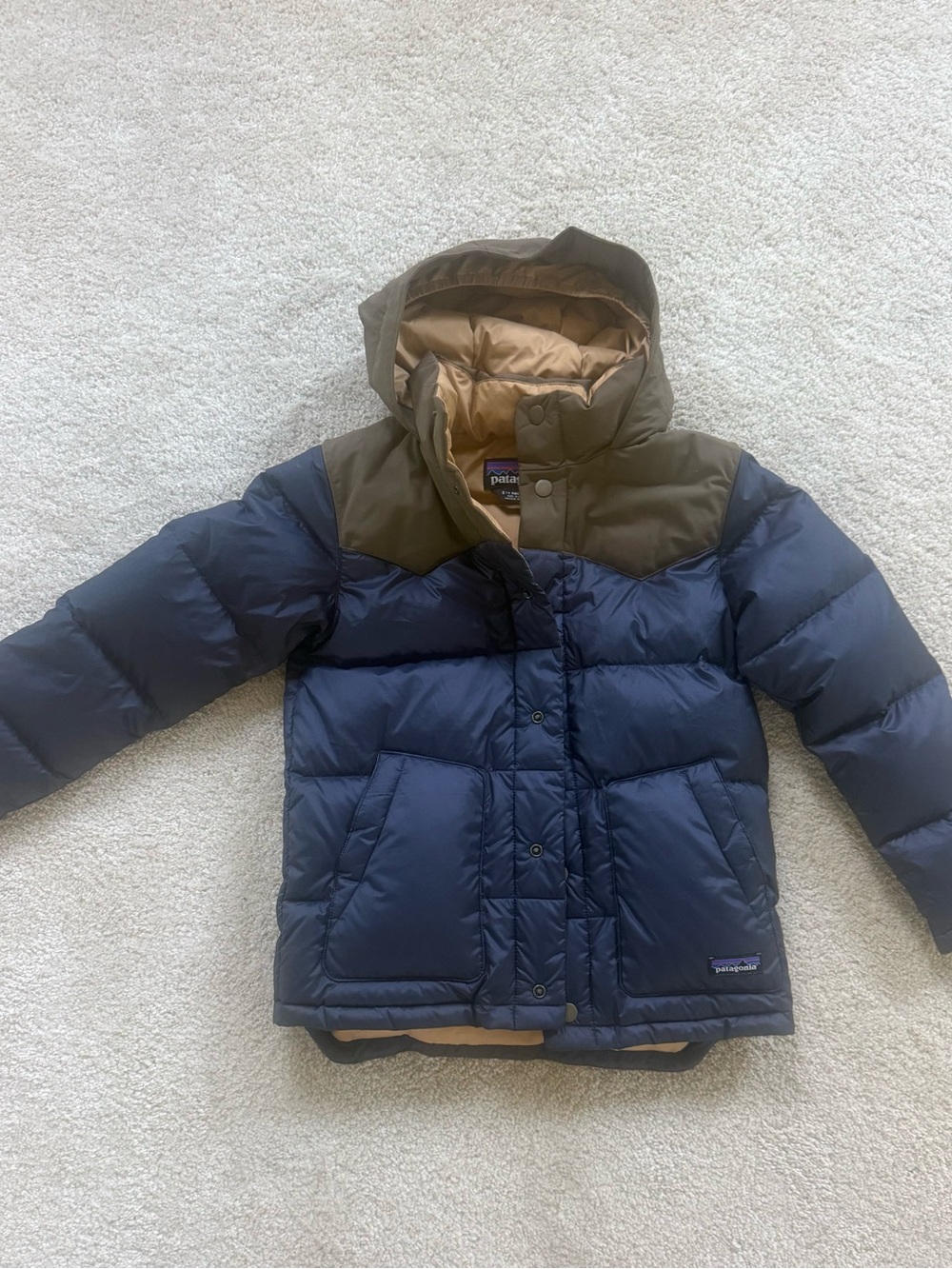 Patagonia Kids Navy & Brown Down Puffer Jacket with Hood
